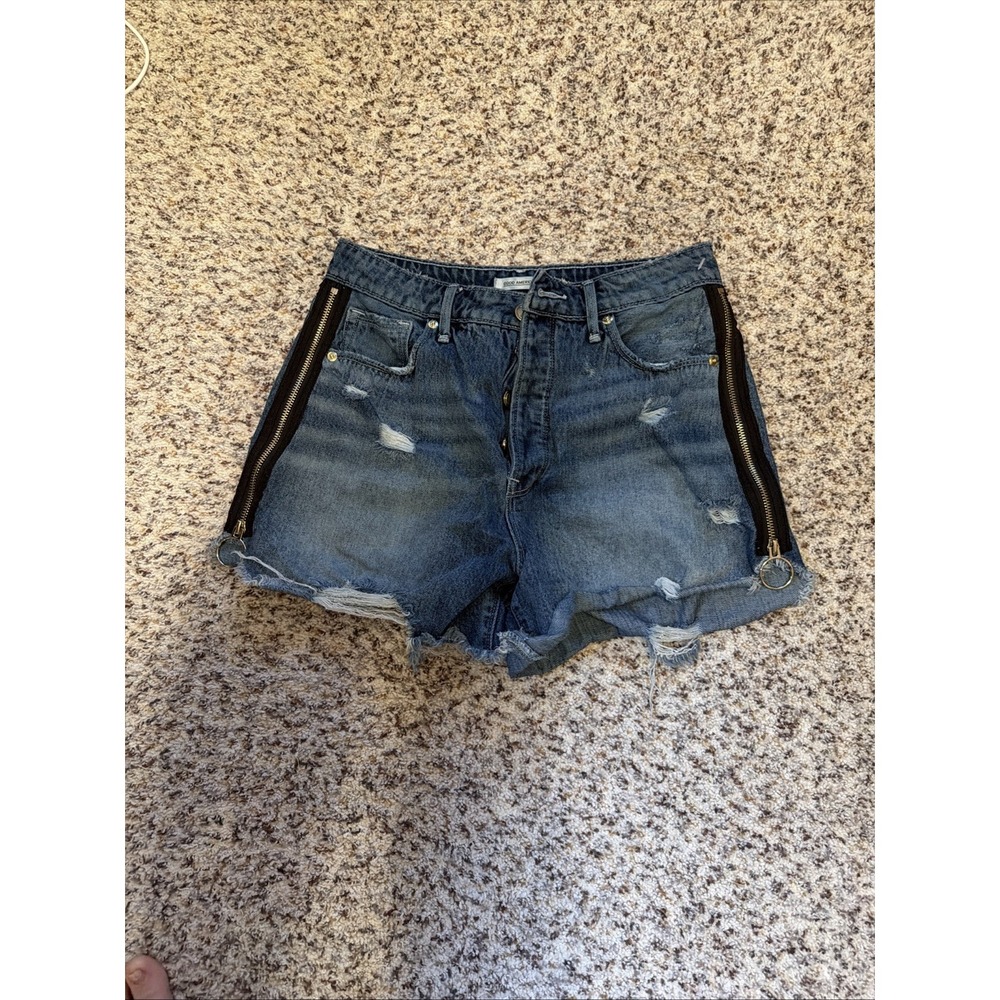 Good American High Waisted Distressed Jean Shorts Sz 4/27 Blue Cut Off